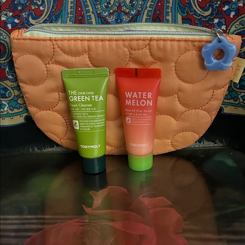 TONYMOLY Green Tea & Watermelon Skincare Duo with Peach-Orange Quilted Pouch